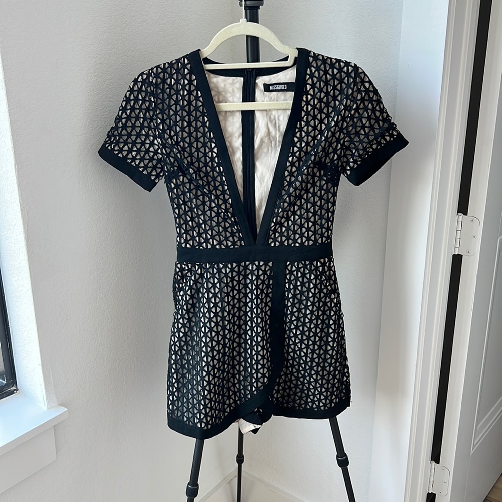 Missguided black & tan skort romper with a deep v neck